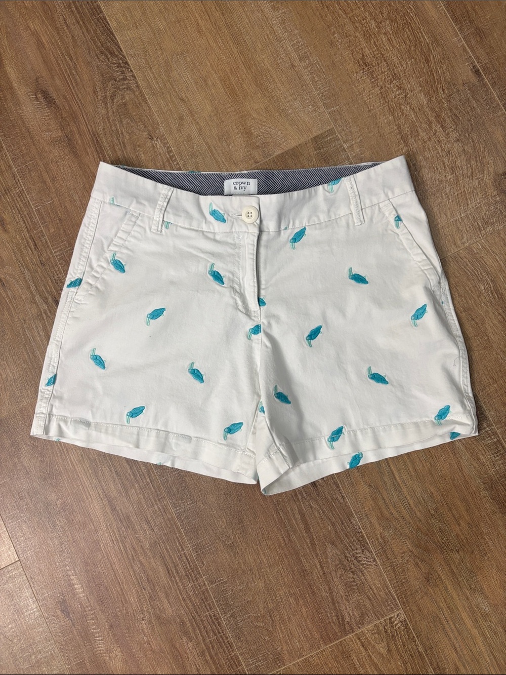 crown & ivy White Shorts with Teal Leaf Embroidery